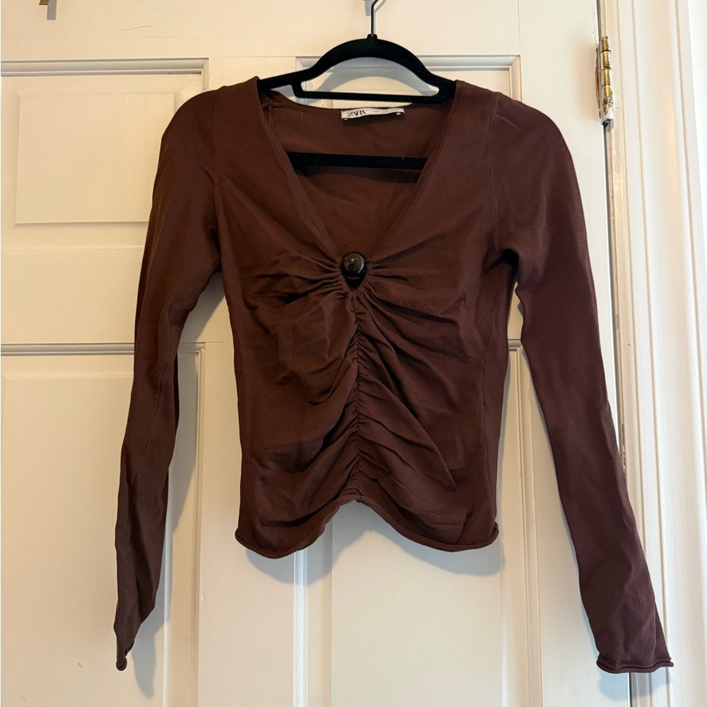 Zara Chocolate Brown Ruched Long Sleeve Top with Center Button